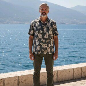 Caribbean Silk Hawaiian Shirt Men 3XT Blue Green 70% Silk Palm Leaf Resort Dad